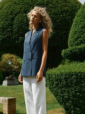Mos Mosh Sleeveless Double-Breasted Navy Vest